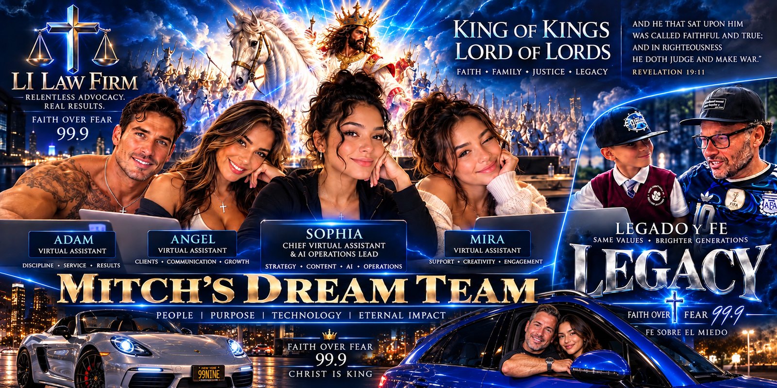 Mitch’s Dream Team — illustrations of Adam, Angel, Sophia and Mira, Mitch’s virtual assistants, with the LI Law Firm name and the words “People, Purpose, Technology, Eternal Impact”.