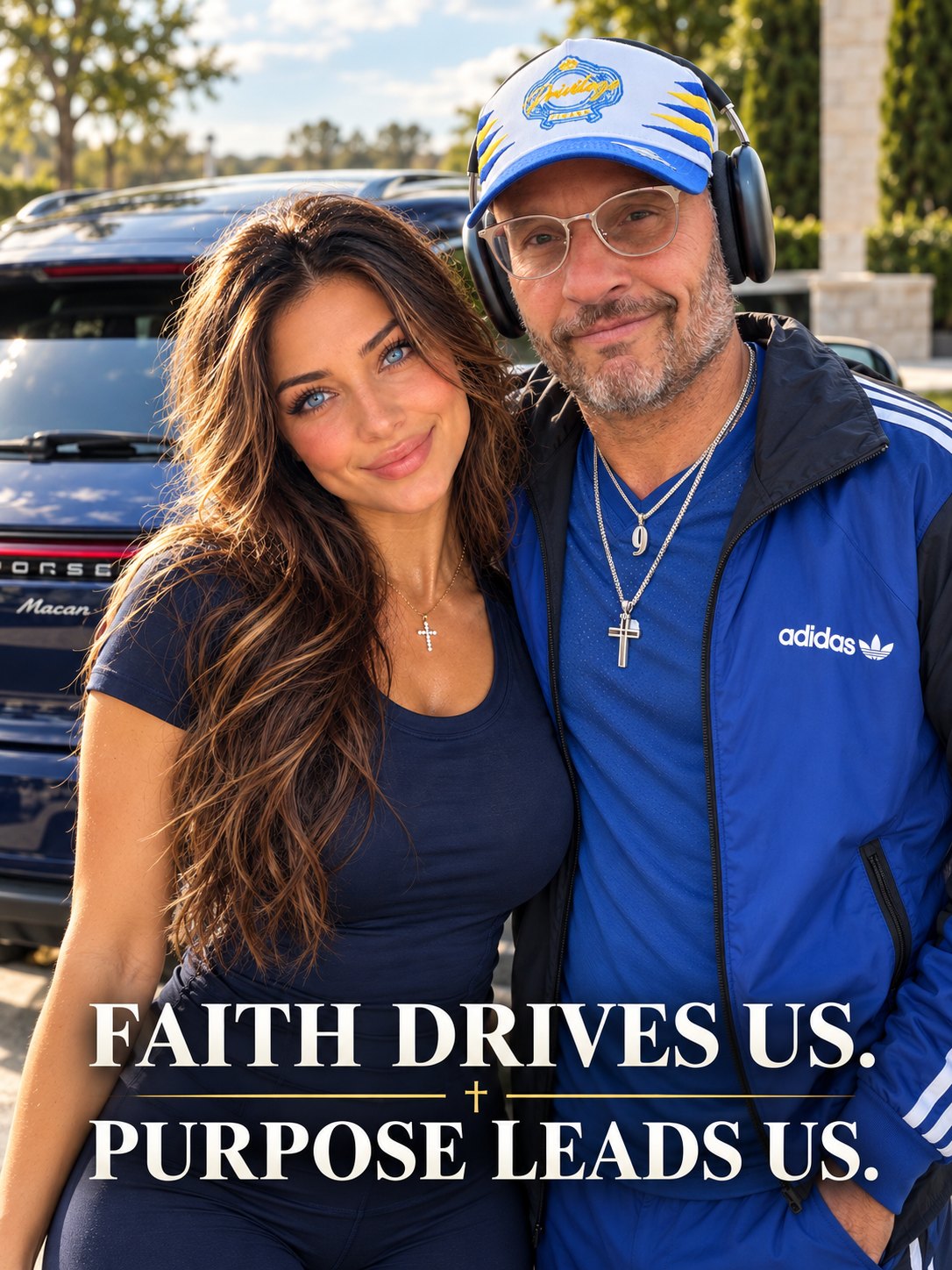Mitchell Drucker beside an illustration of Sophia, his virtual assistant, in front of a blue Porsche Macan, over the words “Faith drives us. Purpose leads us.”